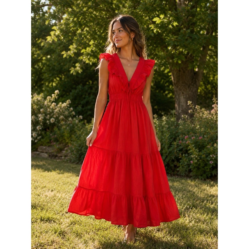 Japna Tiered Maxi Dress Womens XL Red Ruffle V-Neck Cotton Boho Sleeveless